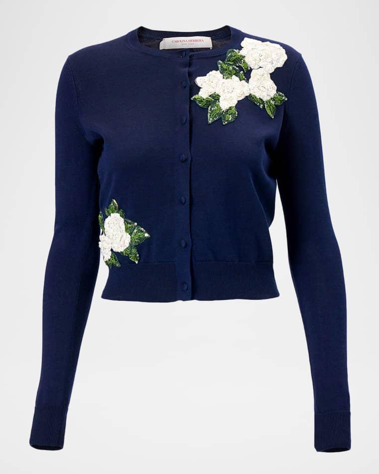 Sequined Floral Embroidered Crewneck Cardigan by CAROLINA HERRERA