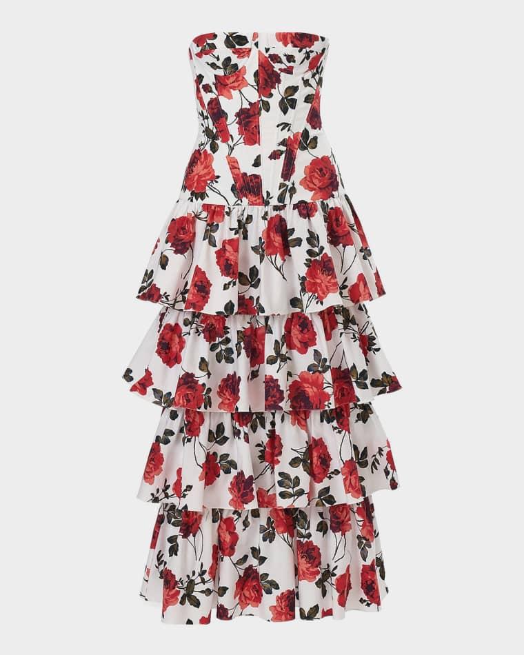 Strapless Corset Tiered Ruffle Midi Dress by CAROLINA HERRERA