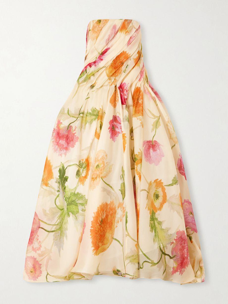 Strapless draped floral-print silk-organza gown by CAROLINA HERRERA