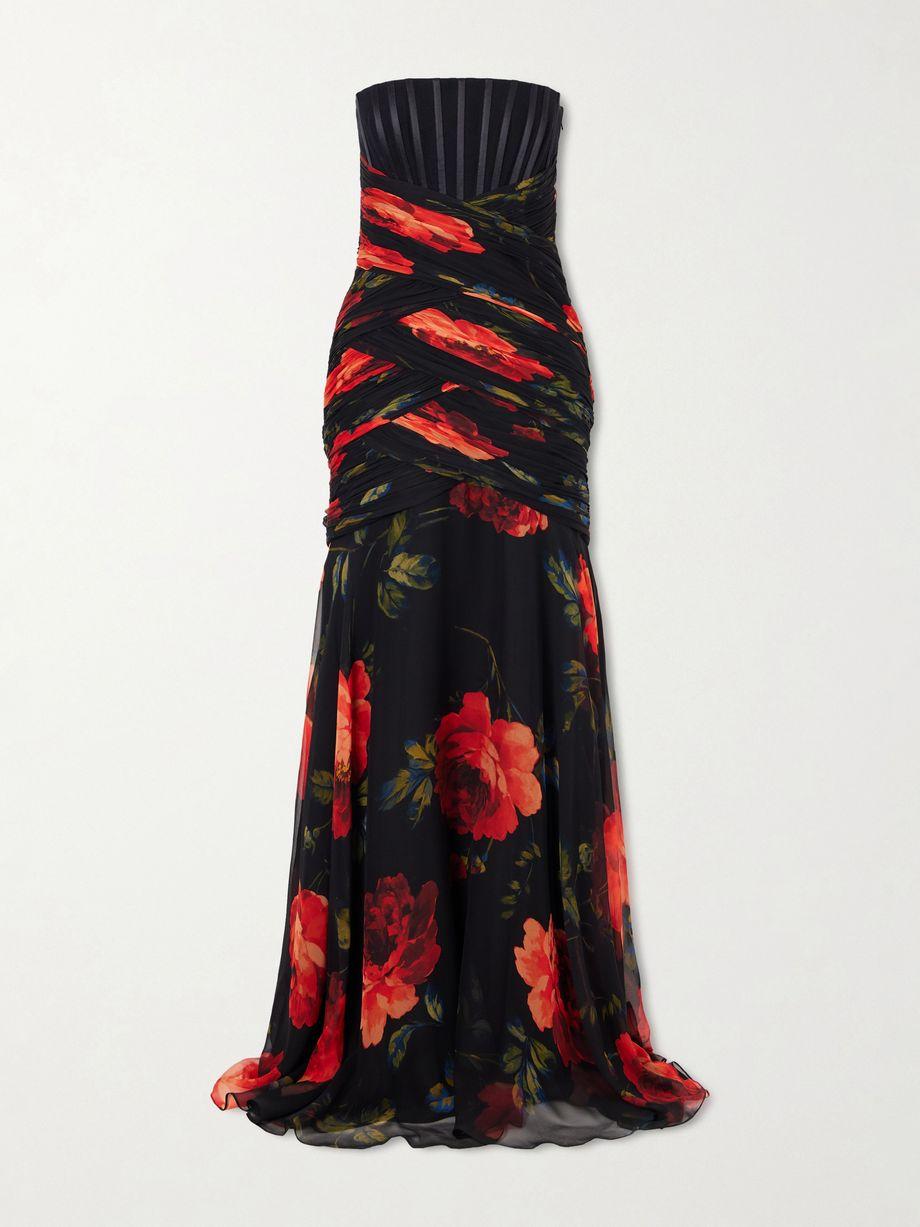 Strapless ruched floral-printed silk-chiffon gown by CAROLINA HERRERA