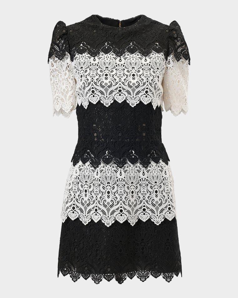 Tiered Colorblock Lace Short-Sleeve Mini Dress by CAROLINA HERRERA
