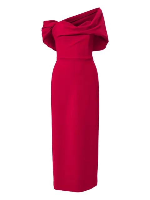 draped off-shoulder column midi dress by CAROLINA HERRERA