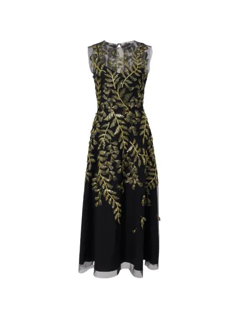 gold leaf-embroidered tulle midi dress by CAROLINA HERRERA
