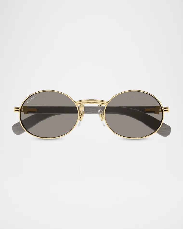 Men's CT0616S-002 Metal and Acacia Wood Round Sunglasses by CARTIER