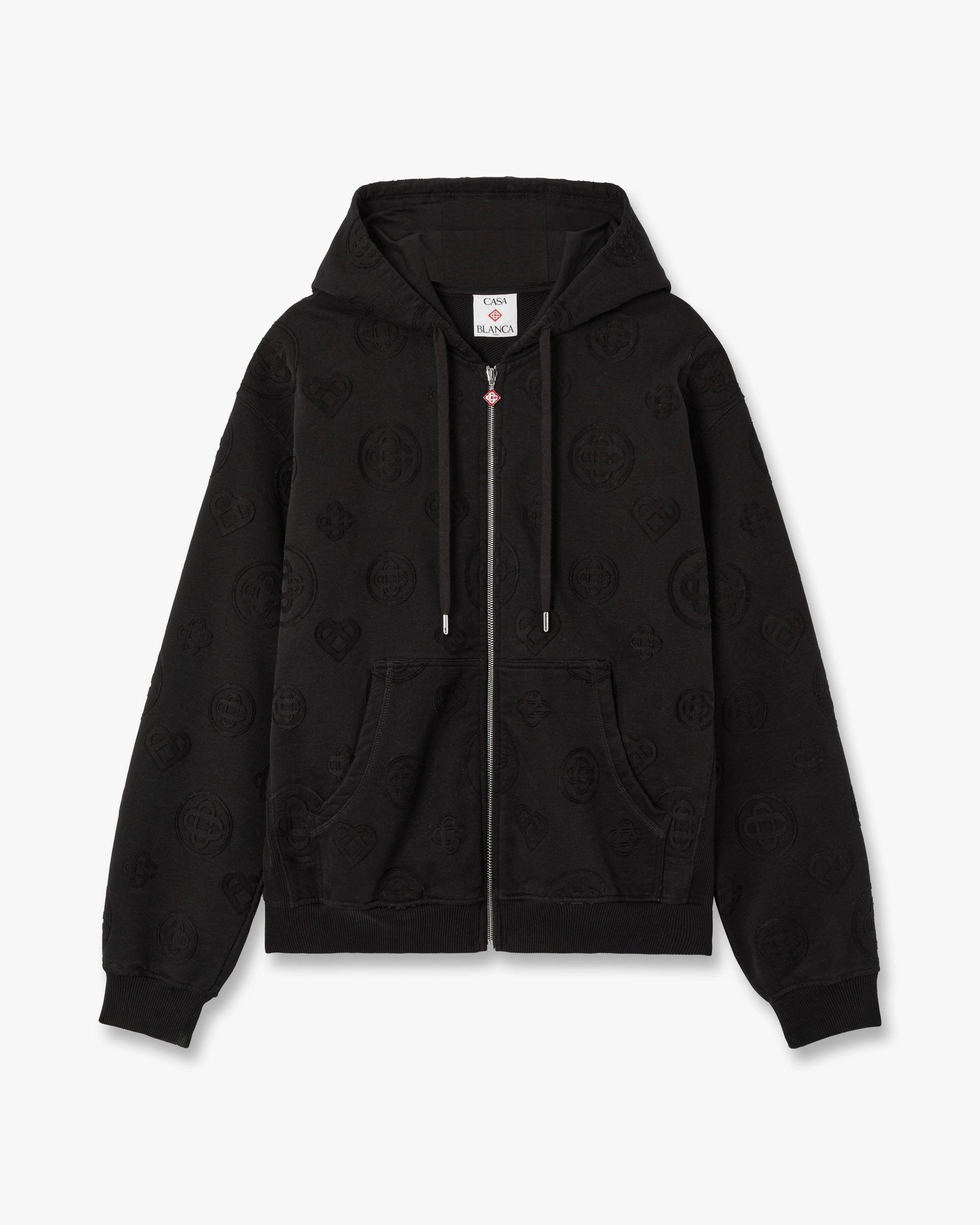 Black Applique Monogram Zip-Up Hooded Sweatshirt by CASABLANCA