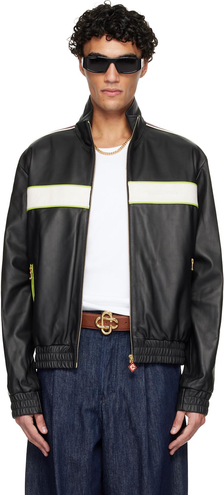 Black Embroidered-Logo Leather Jacket by CASABLANCA