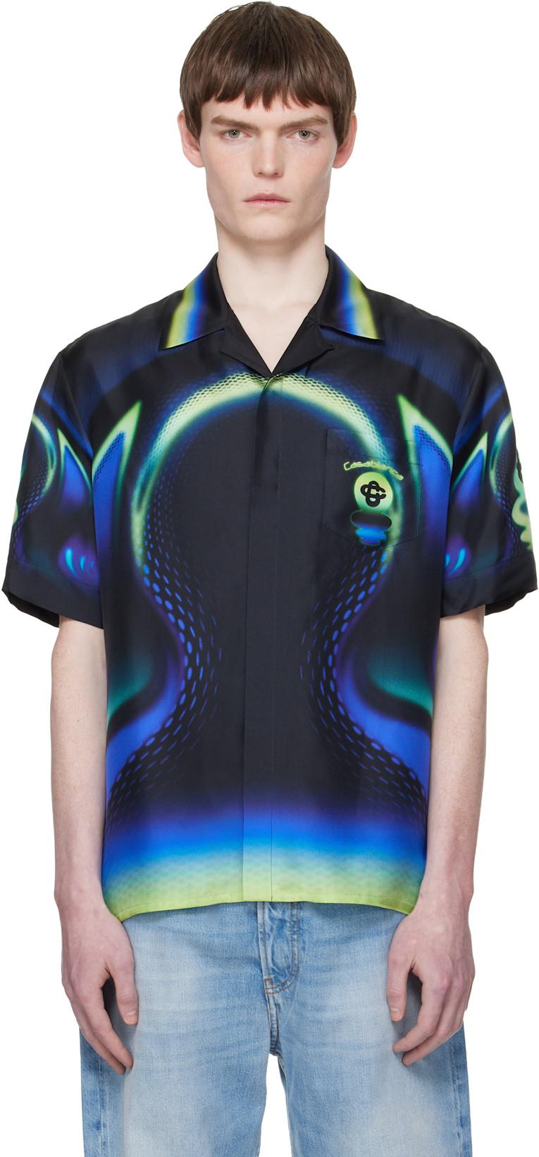 Black Open Collar Short Sleeve Shirt by CASABLANCA