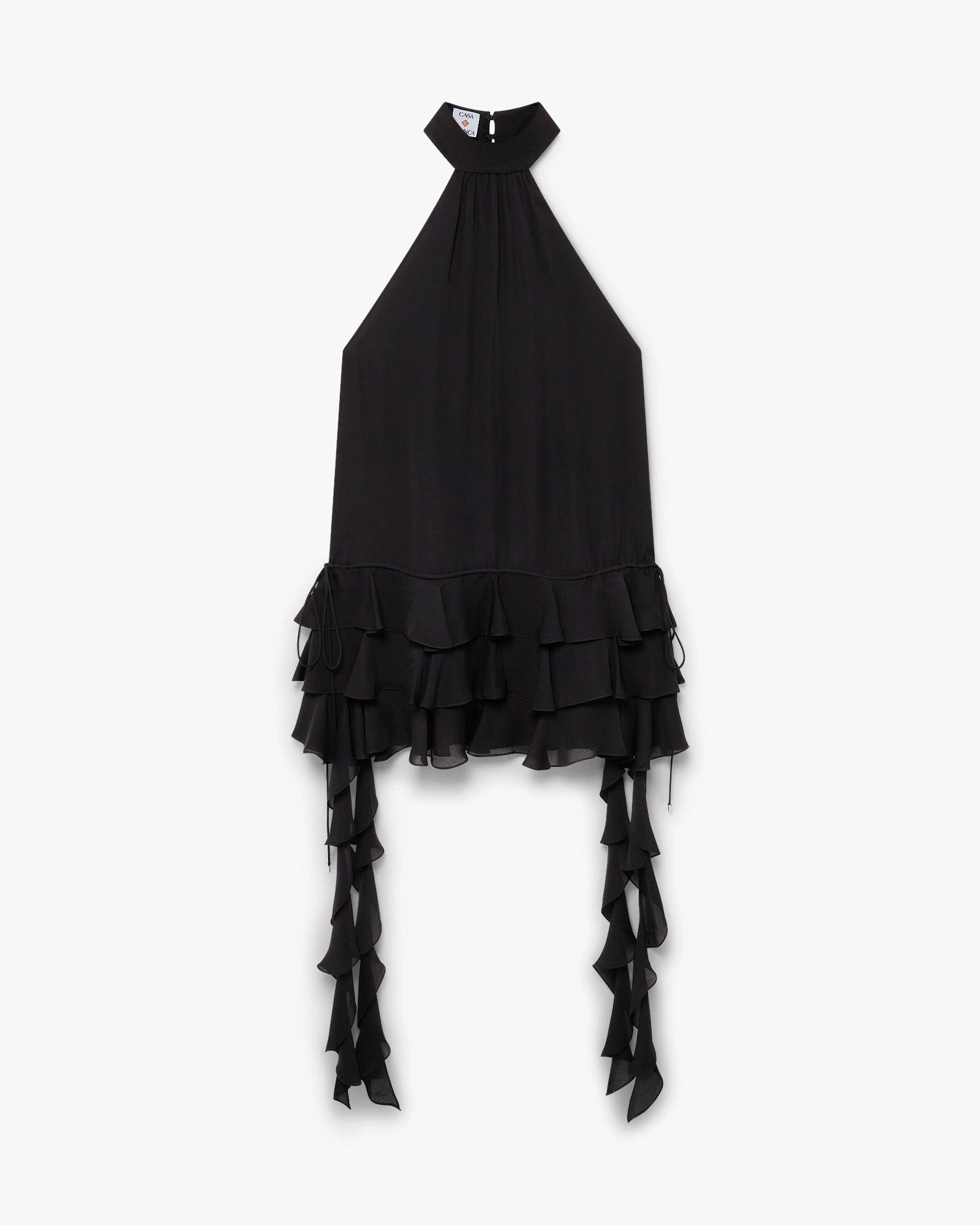 Black Silk Georgette Double Ruffle Mini Dress by CASABLANCA