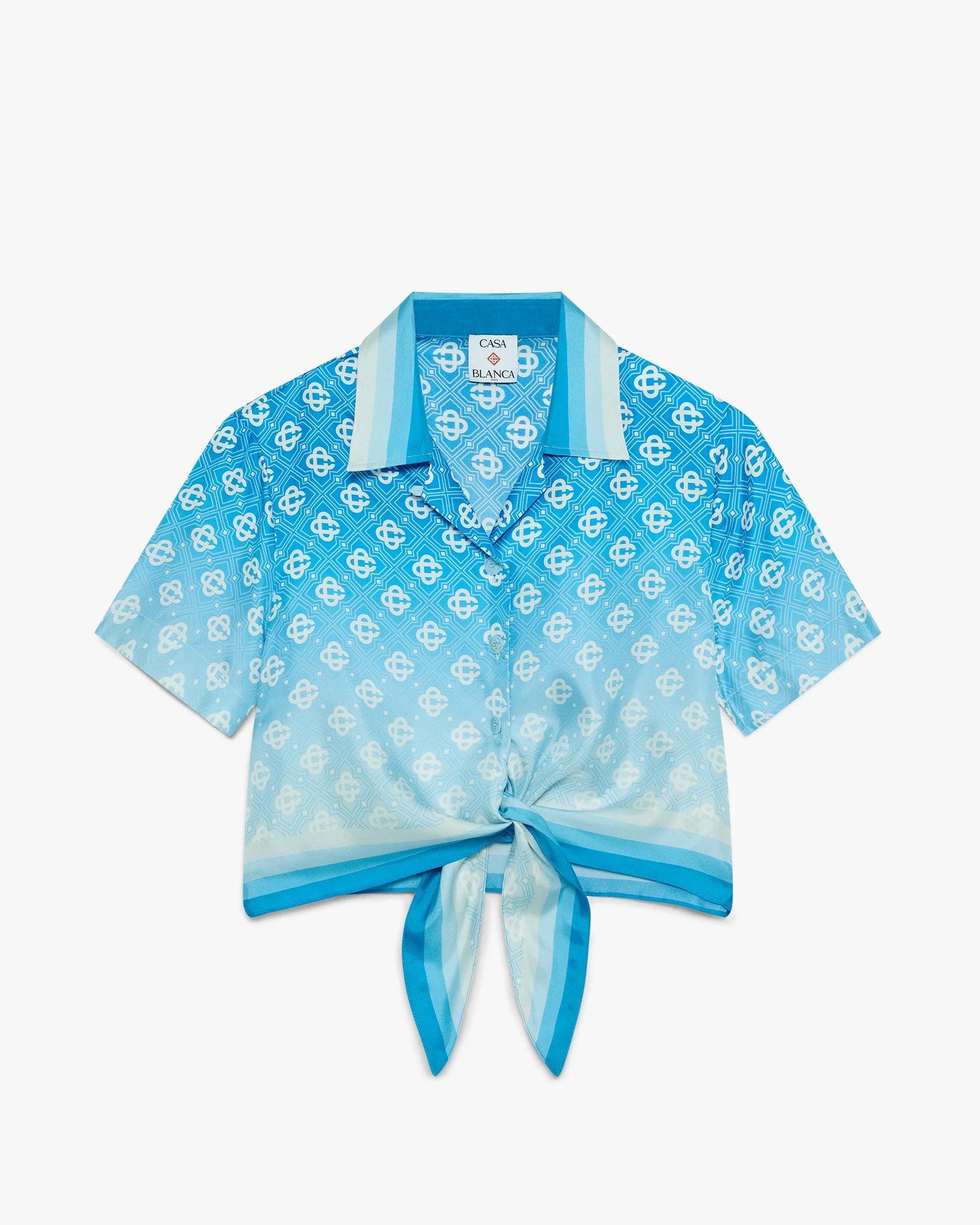 Blue Gradient Monogram Knotted Cropped Silk Shirt by CASABLANCA