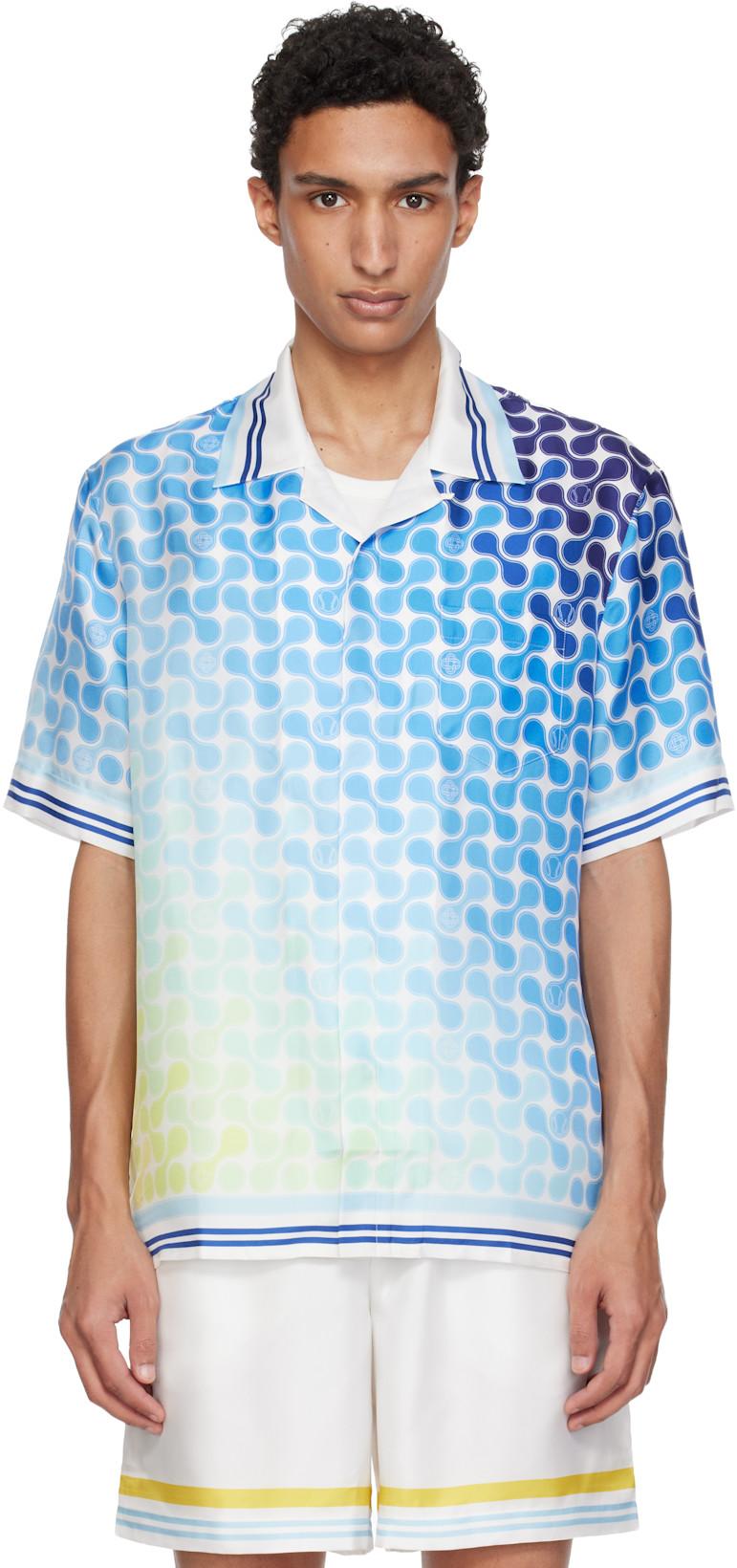 Blue Gradient Tennis Tile Short Sleeve Silk Shirt by CASABLANCA