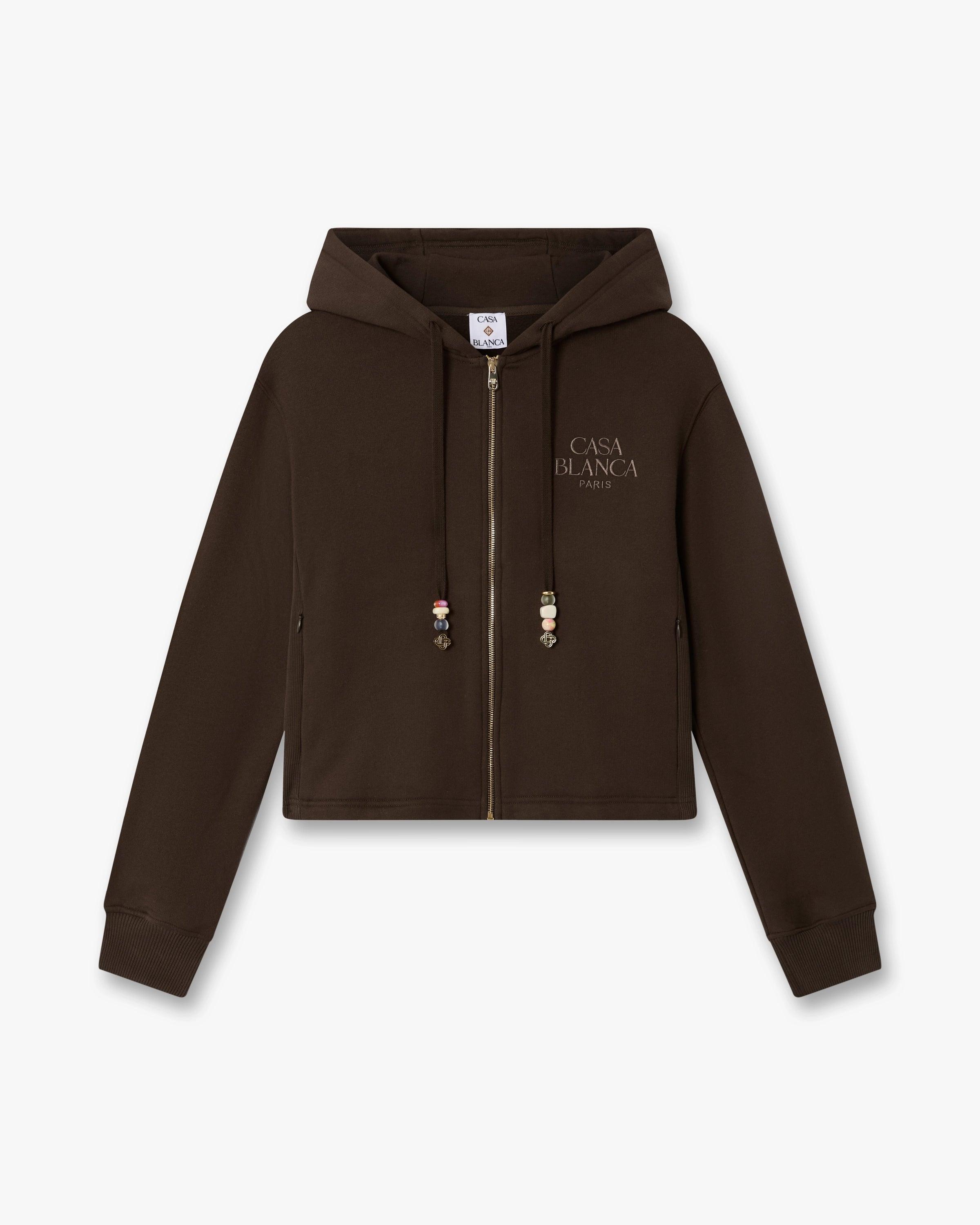 Dark Brown Cropped Zip-Up Hooded Sweatshirt by CASABLANCA