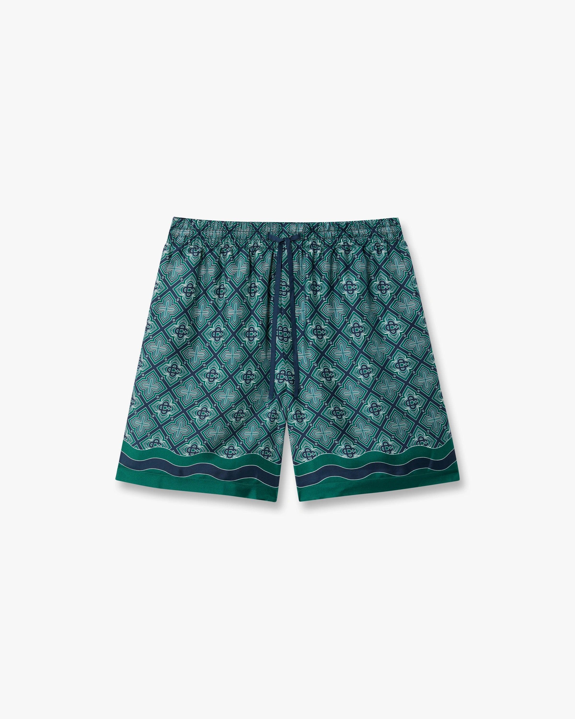 Dark Green Radiating Monogram Silk Shorts by CASABLANCA