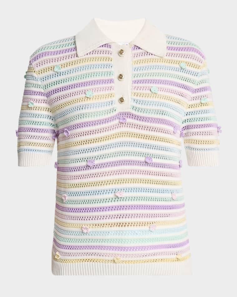 Flower Striped Crochet Short-Sleeve Polo Shirt by CASABLANCA Flower Striped Crochet Short-Sleeve Polo Shirt by CASABLANCA