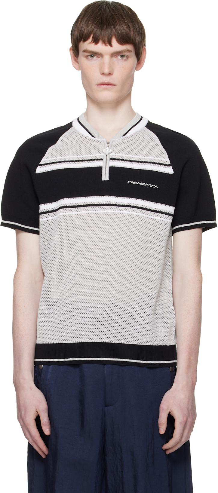 Gray & Black Metallic Mesh Stripe Zip Polo by CASABLANCA