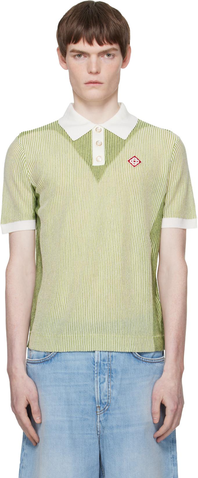 Green Vertical Stripe Short Sleeve Polo by CASABLANCA