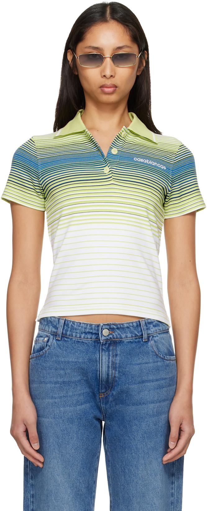 Green & White Bourgeois Striped Short Sleeve Polo by CASABLANCA
