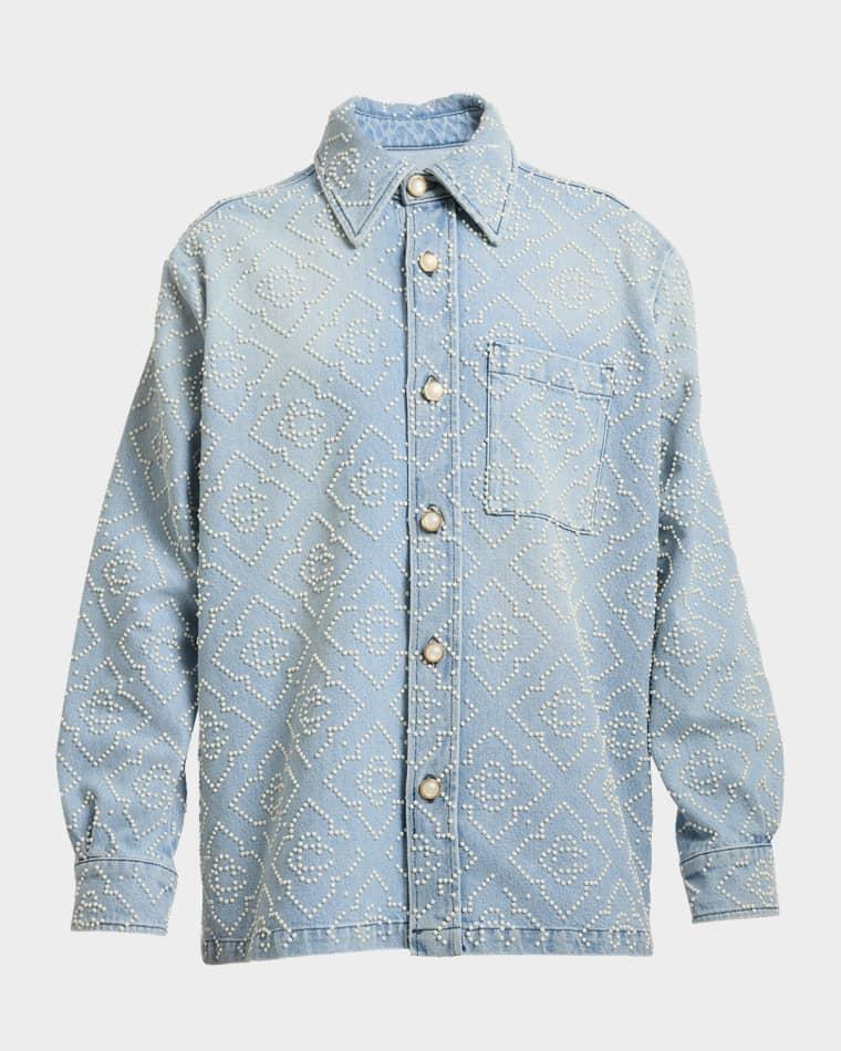 Men's Pearly Monogram Denim Button-Down Shirt by CASABLANCA