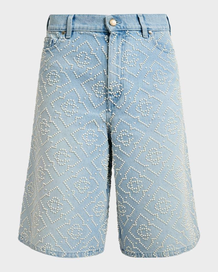 Men's Pearly Monogram Wide-Leg Denim Shorts by CASABLANCA