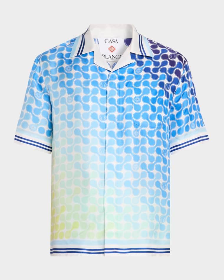 Men's Silk Gradient Tennis Tile Short-Sleeve Shirt by CASABLANCA