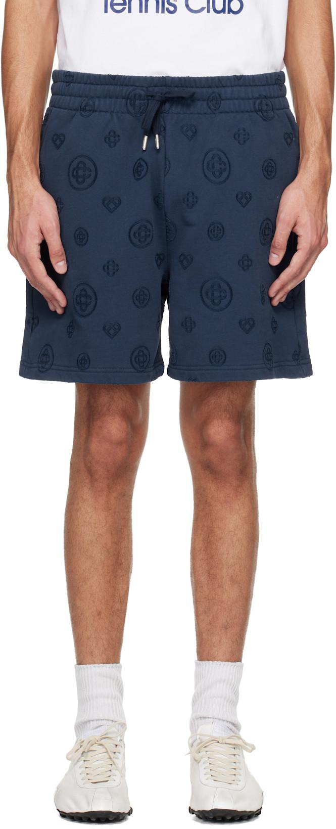 Navy Applique Monogram Sweat Shorts by CASABLANCA