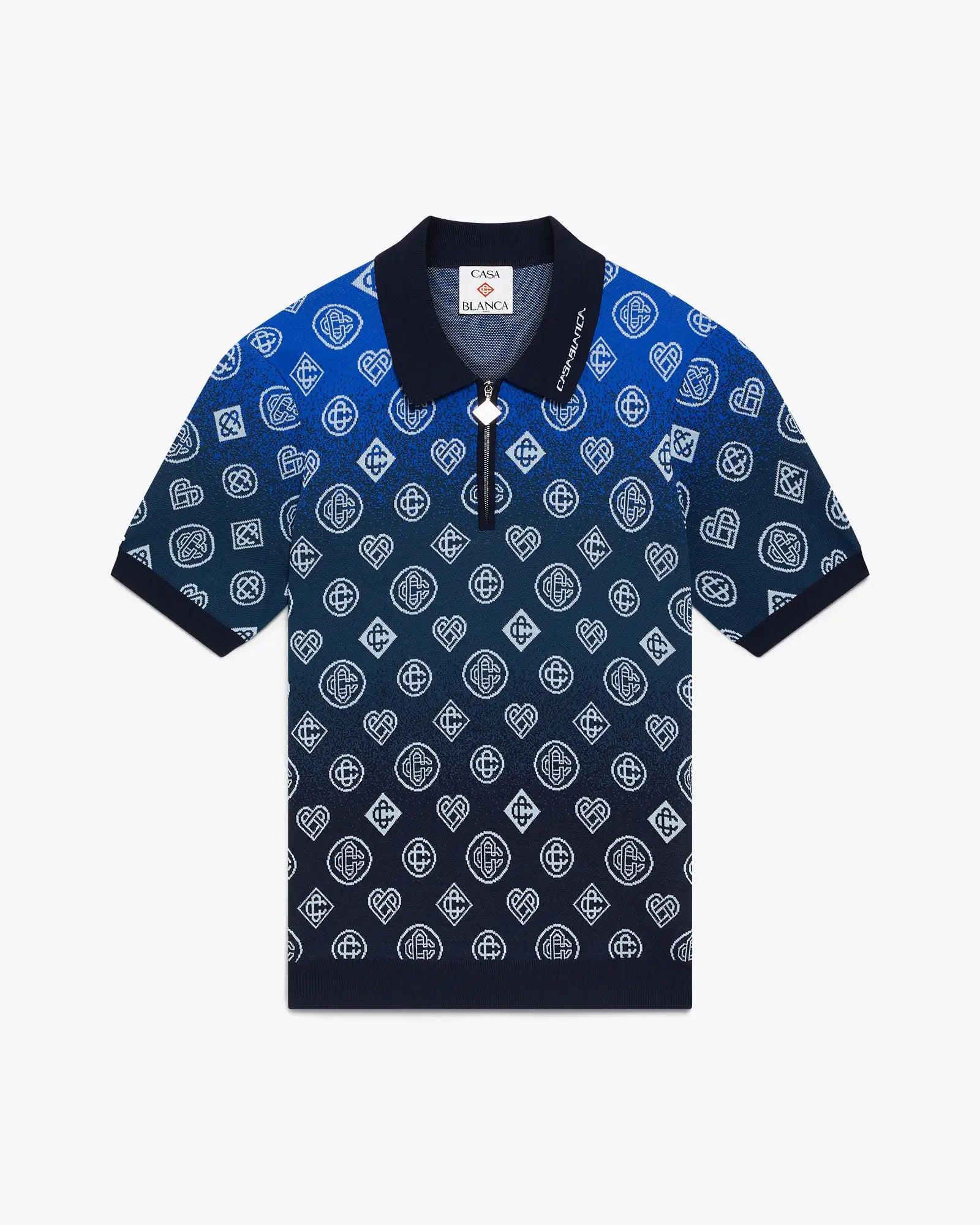 Navy Gradient Monogram Knitted Short Sleeve Polo Shirt by CASABLANCA