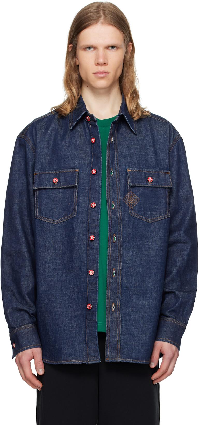 Navy Logo Embroidery Denim Shirt by CASABLANCA