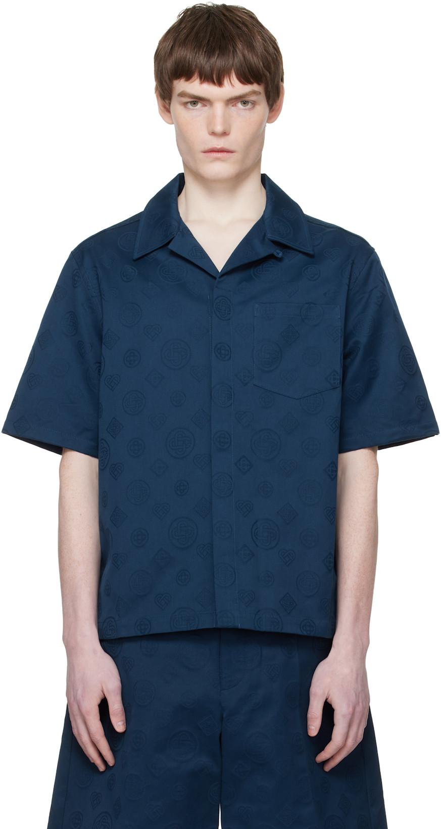 Navy Monogram Short Sleeve Shirt by CASABLANCA