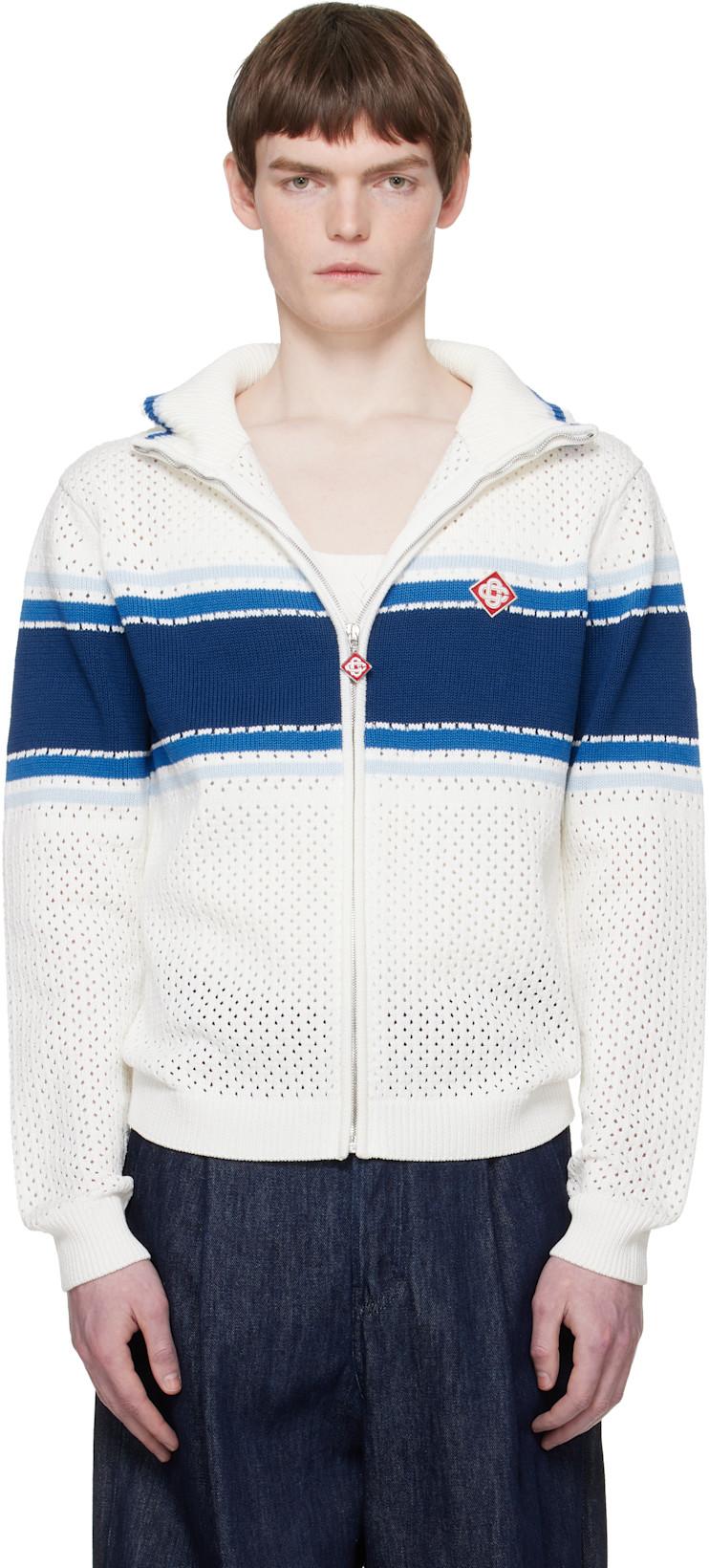 Off-White & Blue Striped Mesh Track Jacket by CASABLANCA