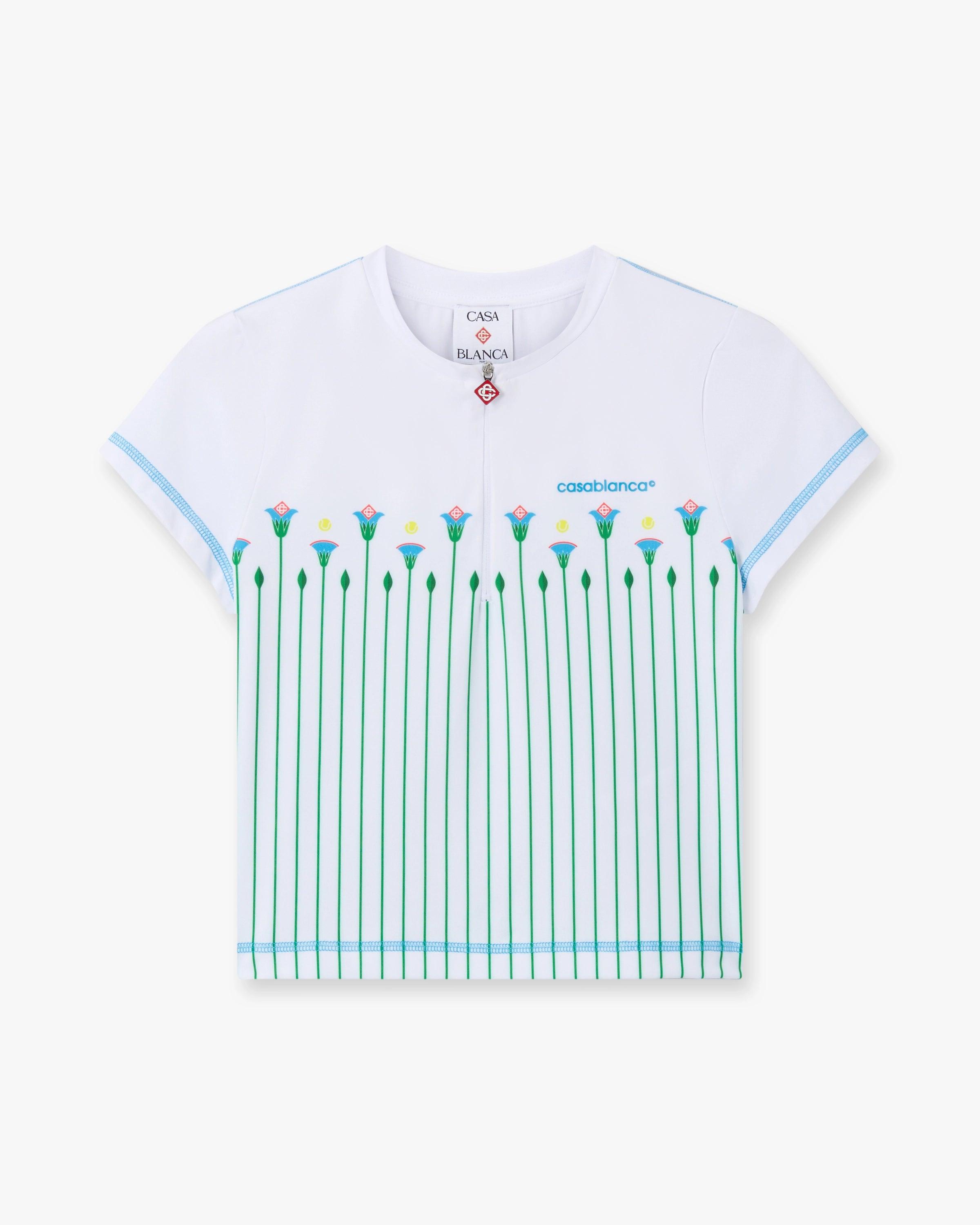 White Floral Stripe Sporty Quarter Zip Tennis Top by CASABLANCA