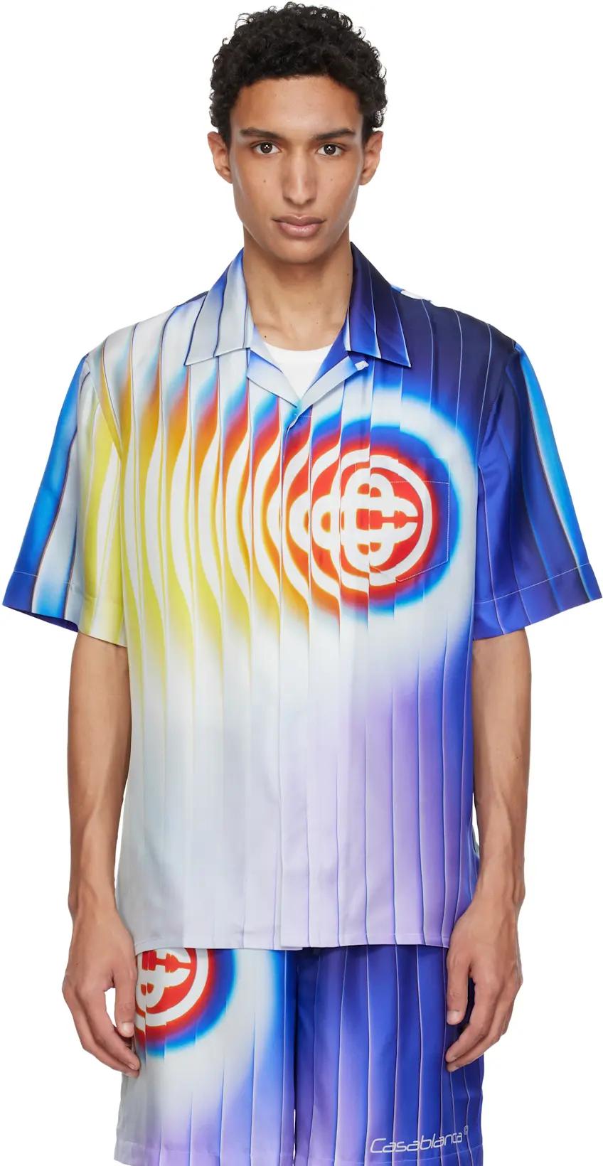 White & Blue Shockwave Short Sleeve Silk Shirt by CASABLANCA