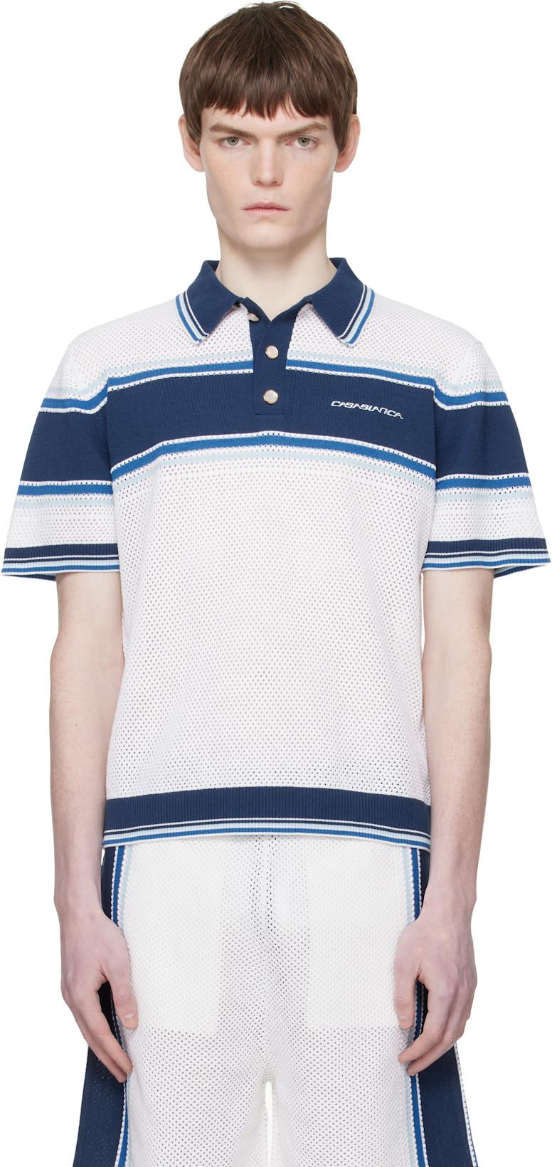 White & Blue Striped Mesh Short Sleeve Polo by CASABLANCA
