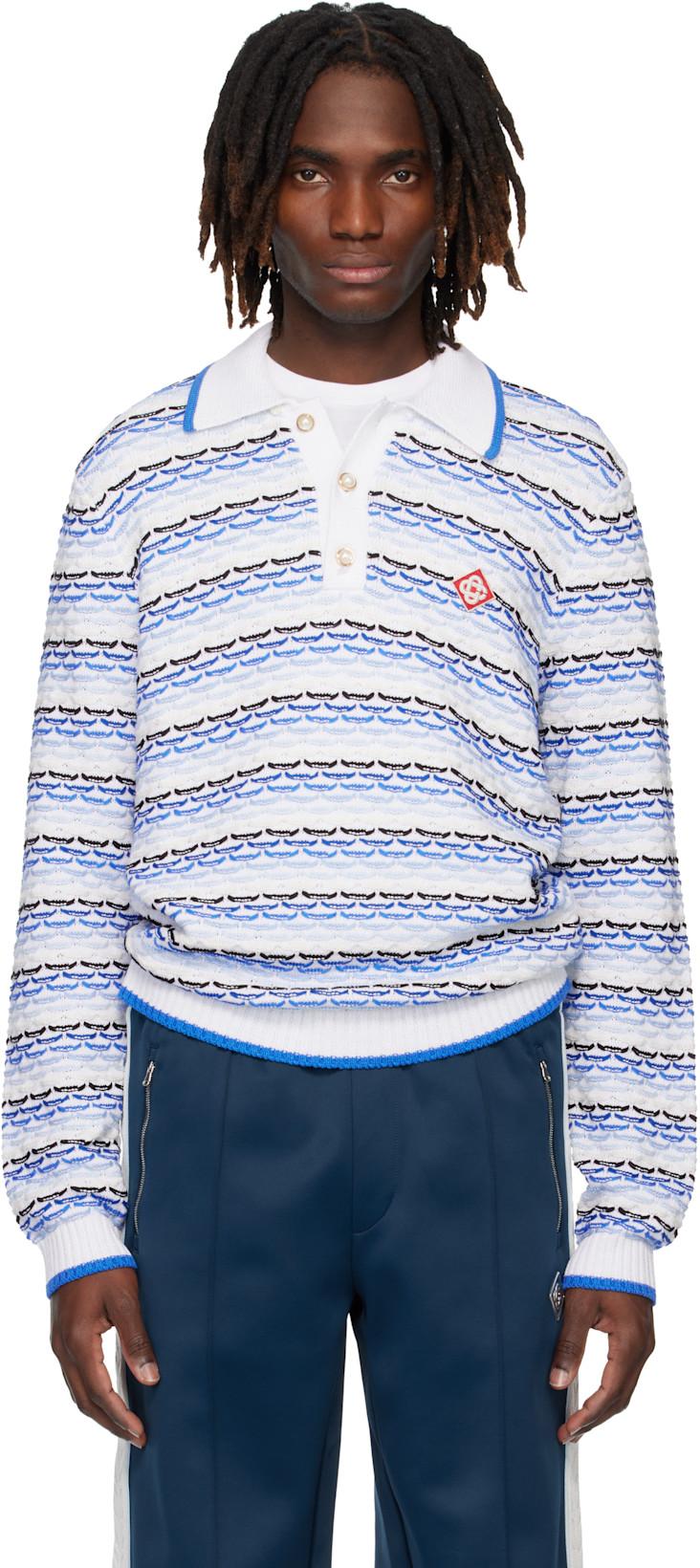 White & Blue Tuck Stitch Long Sleeve Polo by CASABLANCA