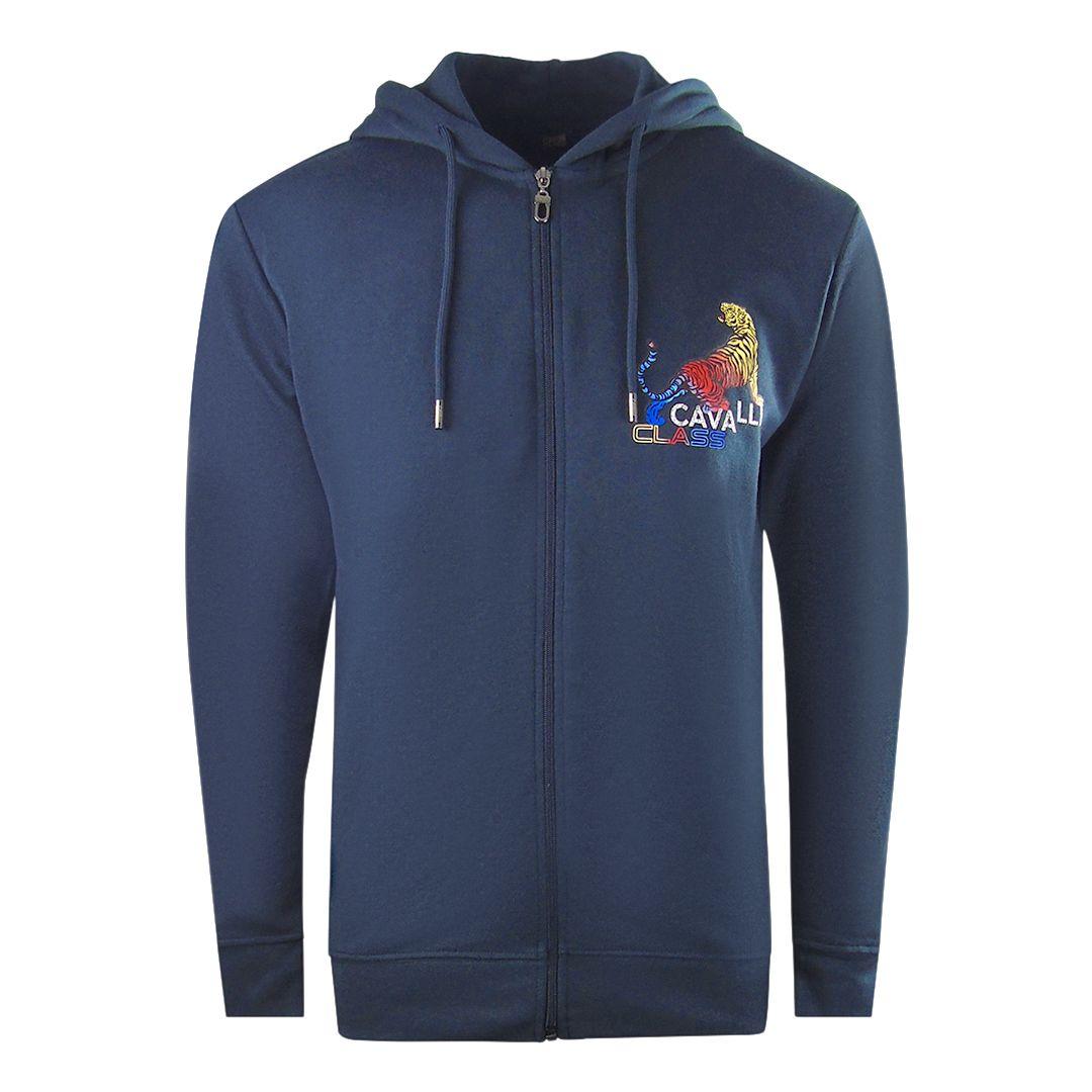 Bold Tiger Logo Navy Blue Zip-Up Hoodie by CAVALLI CLASS