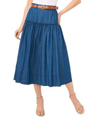 Belted Denim Midi Circle Skirt by CECE