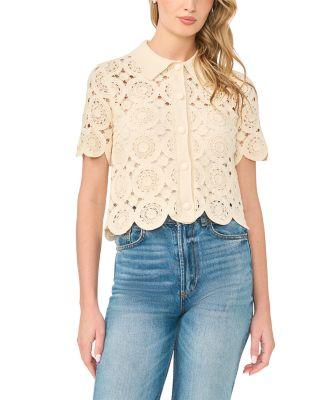 Collared Short Sleeve Crochet Top by CECE