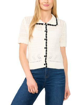 Collared Short Sleeve Pointelle Cardigan by CECE
