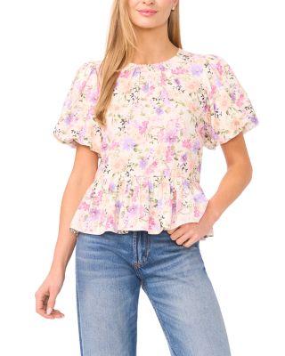 Puff Sleeve Shirred Crewneck Top by CECE