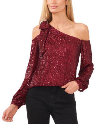 Women's Long Sleeve Sequin Bow Detail One-Shoulder Top by CECE