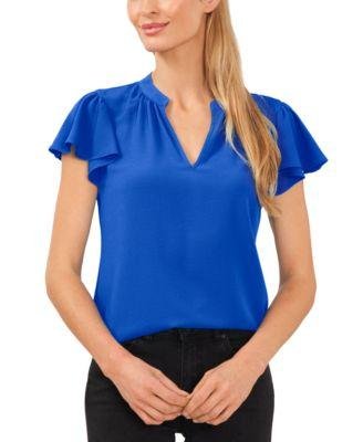 Women's Short Ruffled Sleeve Solid V-Neck Blouse by CECE