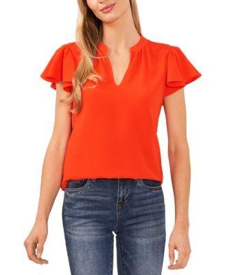 Women's Short Ruffled Sleeve Solid V-Neck Blouse by CECE