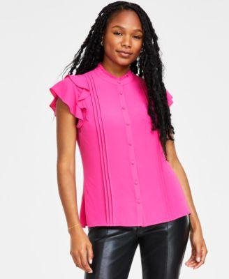 Women's Short Sleeve Pin-tuck Ruffled Button-up Blouse by CECE