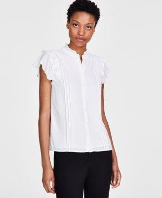 Women's Short Sleeve Pin-tuck Ruffled Button-up Blouse by CECE