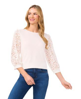 Women's Solid Lace-3/4-Sleeve Knit Crewneck Top by CECE Women's Solid Lace-3/4-Sleeve Knit Crewneck Top by CECE
