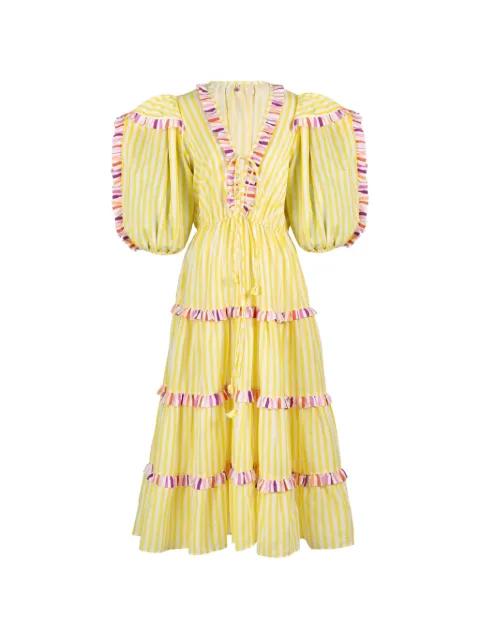 striped ruffled-detail midi dress by CELIA B