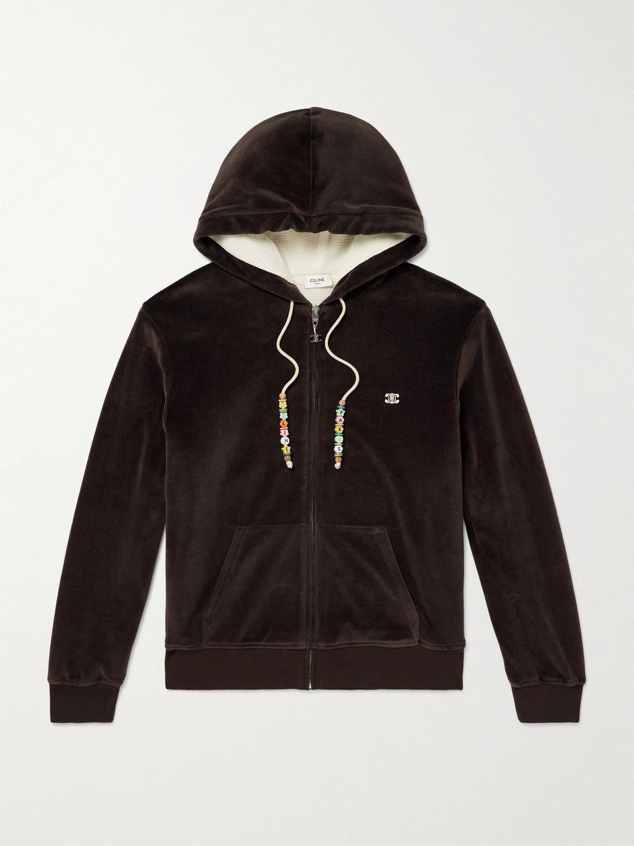 Embellished Logo-Embroidered Cotton-Blend Velour Zip-Up Hoodie by CELINE