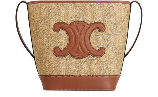 Small bucket cuir Triomphe in raffia effect textile with Triomphe jacquard by CELINE