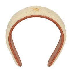 Triomphe headband in shearling, calfskin and brass with gold finish by CELINE