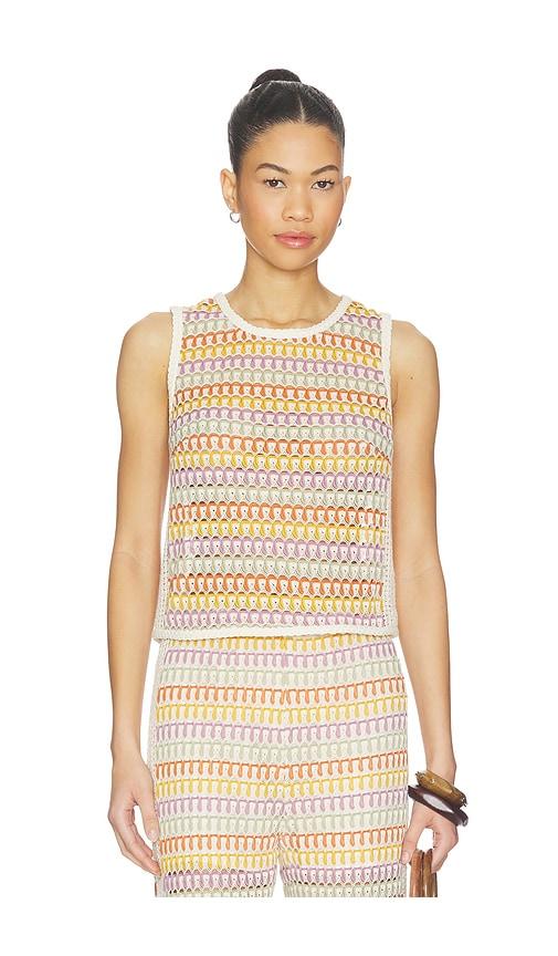 Central Park West Celine Rainbow Crochet Button Back Shell in Yellow,Beige by CENTRAL PARK WEST