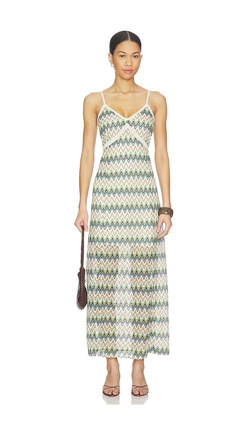Central Park West Celine Rainbow Crochet Maxi Dress in Beige,Green by CENTRAL PARK WEST