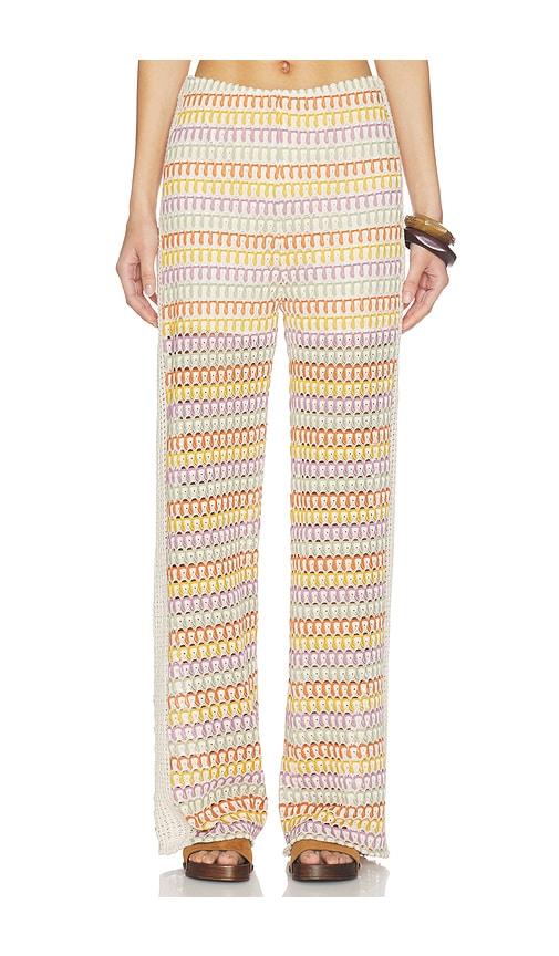 Central Park West Celine Rainbow Crochet Mid Rise Pants in Yellow,Beige by CENTRAL PARK WEST